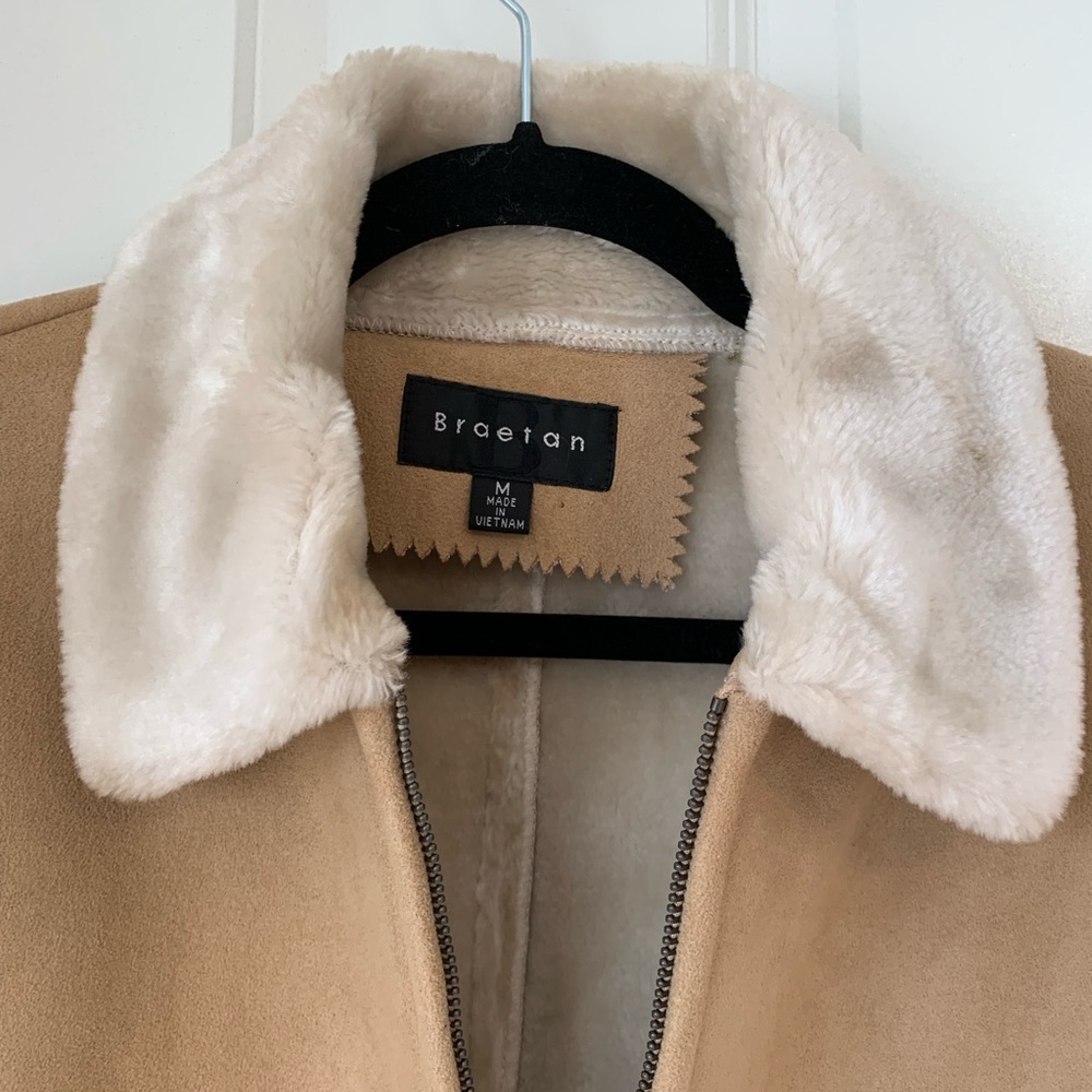 Y2K Braetan Coat Women's Faux Suede Fur Lined Pockets Tan Zip Penny Lane Sz M - Picture 5 of 15